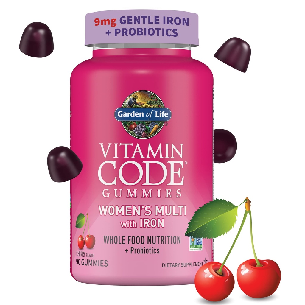 Vrt življenja Vitaminska koda Ženske multivitaminski gummy z železom: Folat, Biotin, D3 & B12 za lase, kožo in nohte + probiotiki za imuno zdravje in prebavo, Ne-GMO, Gluten-free, 90 Cherry Gummies