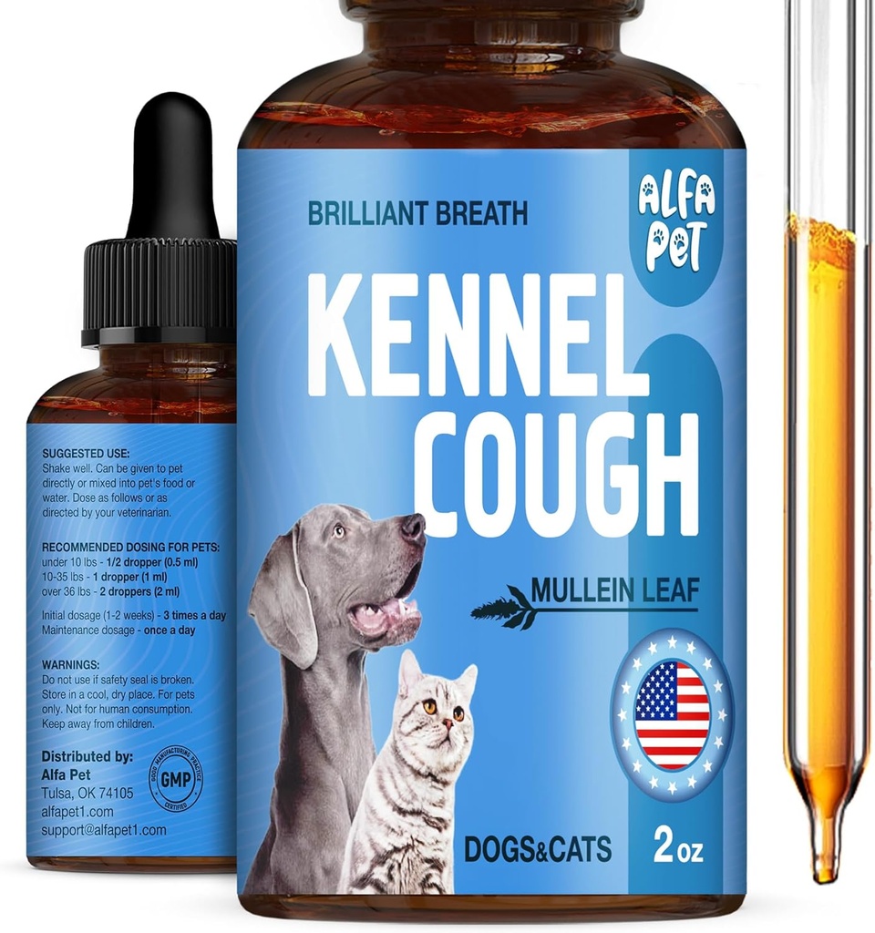 Pasje kašelj zdravljenje Tekoči • Kennel kašelj za pse in mačke • za dihanje v celotnem življenjskem ciklu • Marshmallow koren + Mullein list v sestavi • Naravni dodatek za vse pasme • 2 Oz
