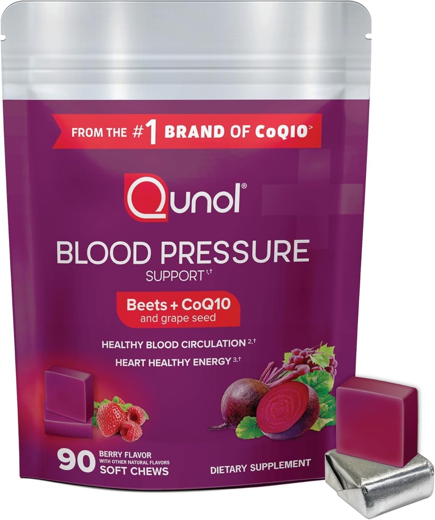 Qunol bees žveči za podporo krvnega tlaka, 3 v 1 Beets + CoQ10 + Grozdno seme ekstrakt, podpira zdravo krvni obtok in srce zdravo energijo, 90 Chews