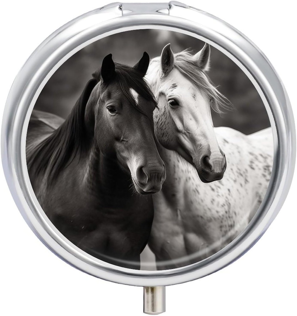 Round tablet Box Prenosna tableta Zabojnik za žepek črni in beli konji Potovati majhne tablete Organizator 3 Compartment Metal tablet Container Imetnik za medicino Vitamini Ribje olje Dodatki