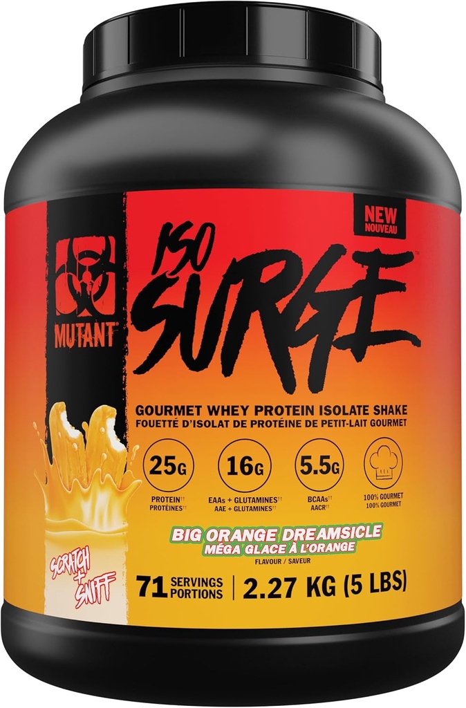 Mutant ISO Surge Whey Protein Isolate Powder deluje hitro, da pomaga obnoviti, zgraditi mišice, razsutem stanju in moči (5 funt, velika pomarančna krema)