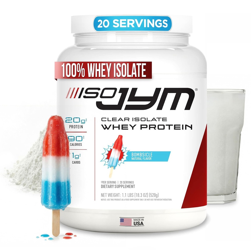 JYM Supplement Science Iso JYM Bombsicle, 90 kalorij, 100% izolat sirotkinih beljakovin, nič maščob, nič sladkorjev, Mešanice jasno, za ženske in moške, 20 Serving