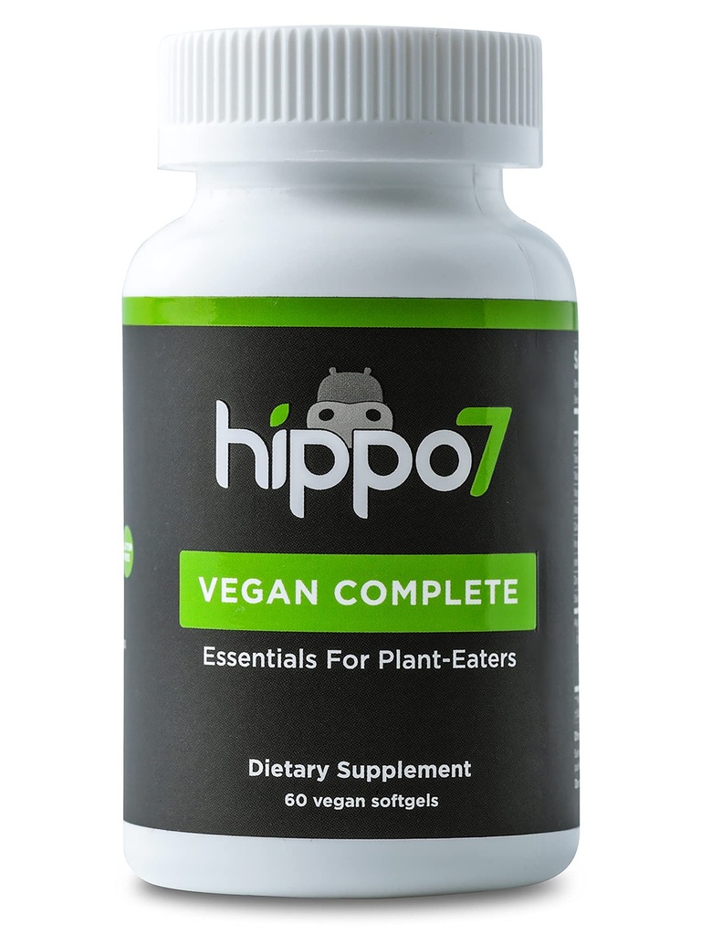 Hippo7 Vegan popoln multivitaminski vitamin B12, vitamin D, omega-3 DHA+EPA, kalcij, jod, cink in železo. (1 steklenica, 60 kapsul)