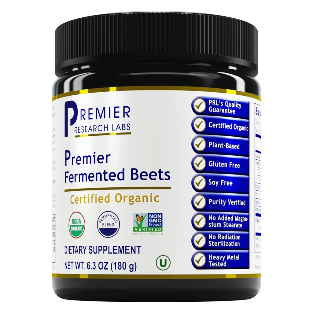 Premierni raziskovalni laboratoriji Premier Fermentirane beets - Beet Root Powder Fermented, Organic Fermented Beets za moške in ženske, Peso, Nitrati, Podpora krvnega tlaka, USDA Organic - 6.3 Oz Jar