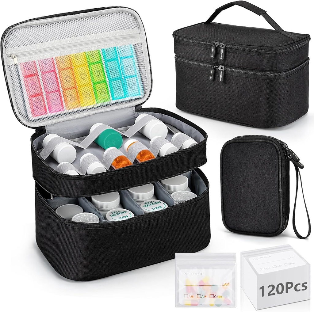 Medicina Organizator vrečka, tablete tablete tablete shranjevanje steklenic s 120 tablet vrečke potovalne vrečke, prenosna medicina shranjevanje vrečka za tablete, vitamini, medicinske potrebščine za domačo skladiščenje, prva pomoč