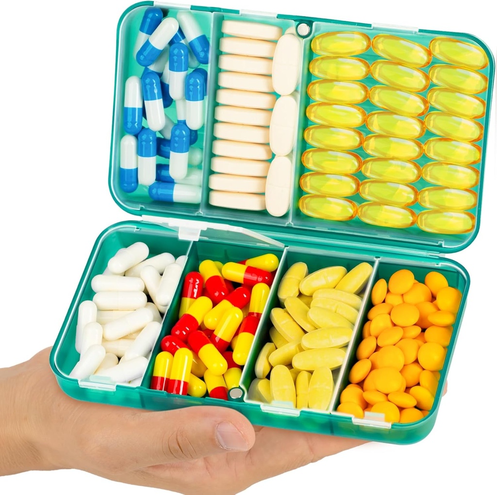 Yaklim Magnetic Travel Organizer, 7 Kompartmenti Prenosne tablete Box, Velik vitamin Organizator z nalepkami, Daily Pill Case Medicine Organizer, Big Supplement Organizer Magnet Pill Container Green