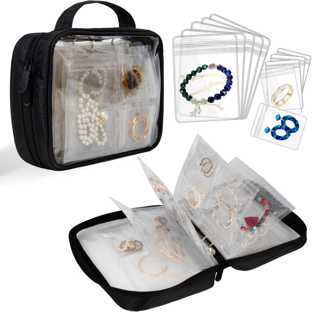 Travel Nakit Organizer Primer Transparent Nakit Skladiščenje Knjiga Binder Bag za uhane, Prstani, Necklace, Zapestnica, Black