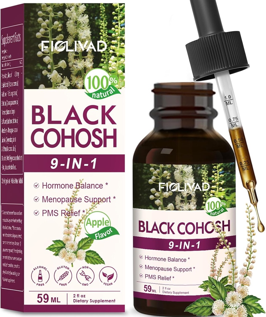 Črna Cohosh kapljice, zeliščni ekstrakt mešanica za Hormone Balance, Menopause podpora in PMS Relief. 2oz-(Apple Flavor)