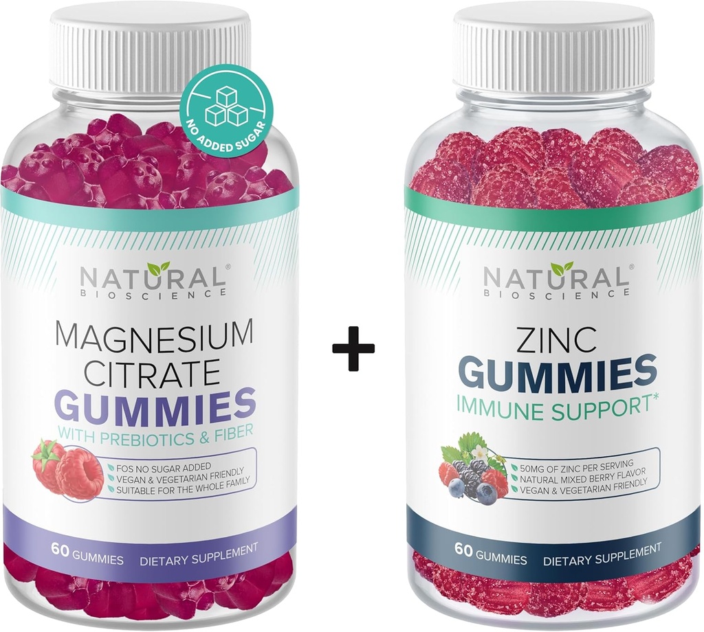 Brez sladkorja Magnezij Gumies & ekstra moč cinka Gumies, Vegan, Gluten prost, Pomiritev, Sprostitev, Mišično zdravje, Imunska podpora, zdravje kože, Non-GMO, 60 Gummy vitamini