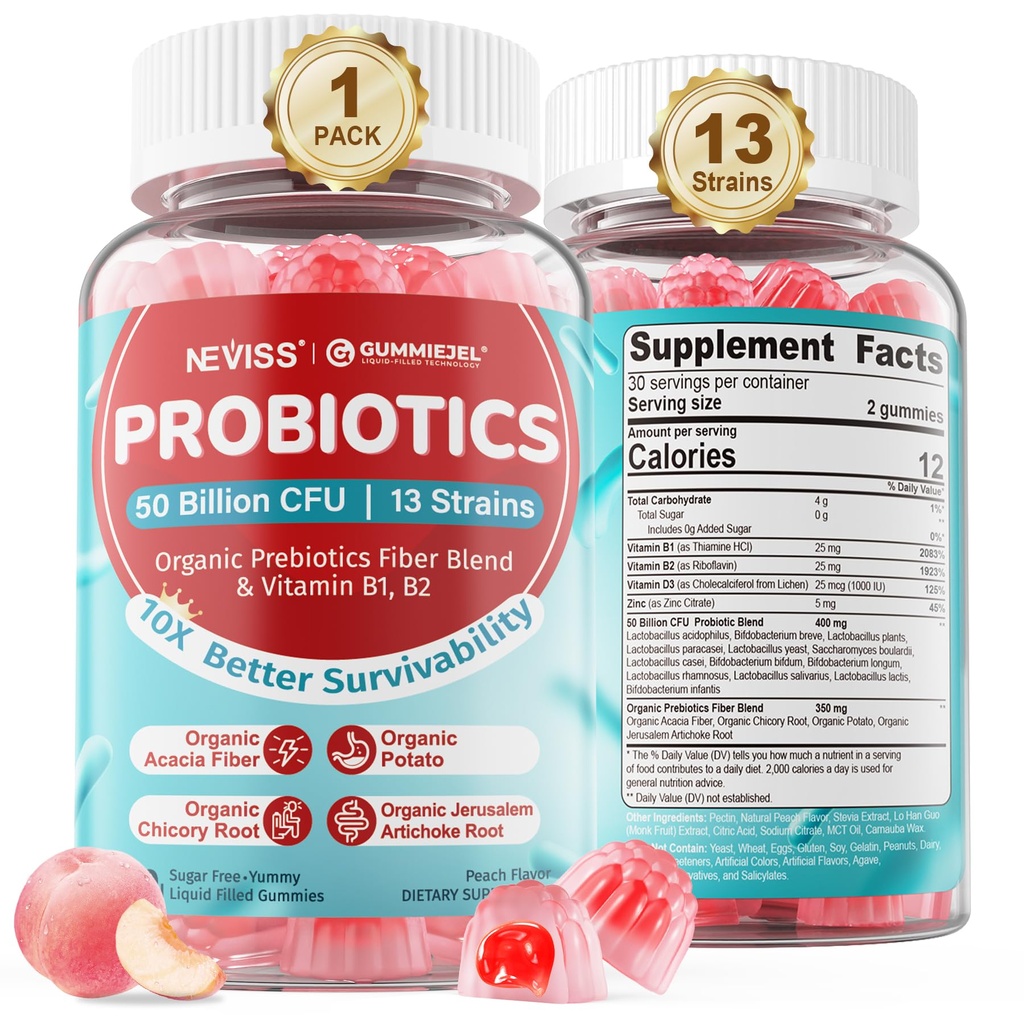 NEVIS probiotik + prebiotični gumiji za odrasle in otroke 4+, brez sladkorja žvečljivi 50 milijard CFUs w/Fiber, vitamin B1 B2 D3 & cink, za digestiv in črevesno zdravje, povečanje mikroflora raznolikosti, 60 Cts