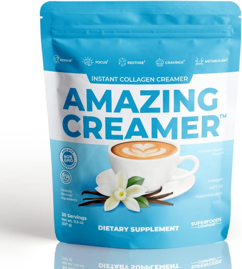 Superfoods Podjetje Amazing Creamer z Colagen - Keto Creamer-Hyaluronic Acid & MCT Oil - Brain Boost & Curbs Cravings - Podpira zdravo kožo in lase - Dietno-prijazno [30 Servings] [Vanilla]