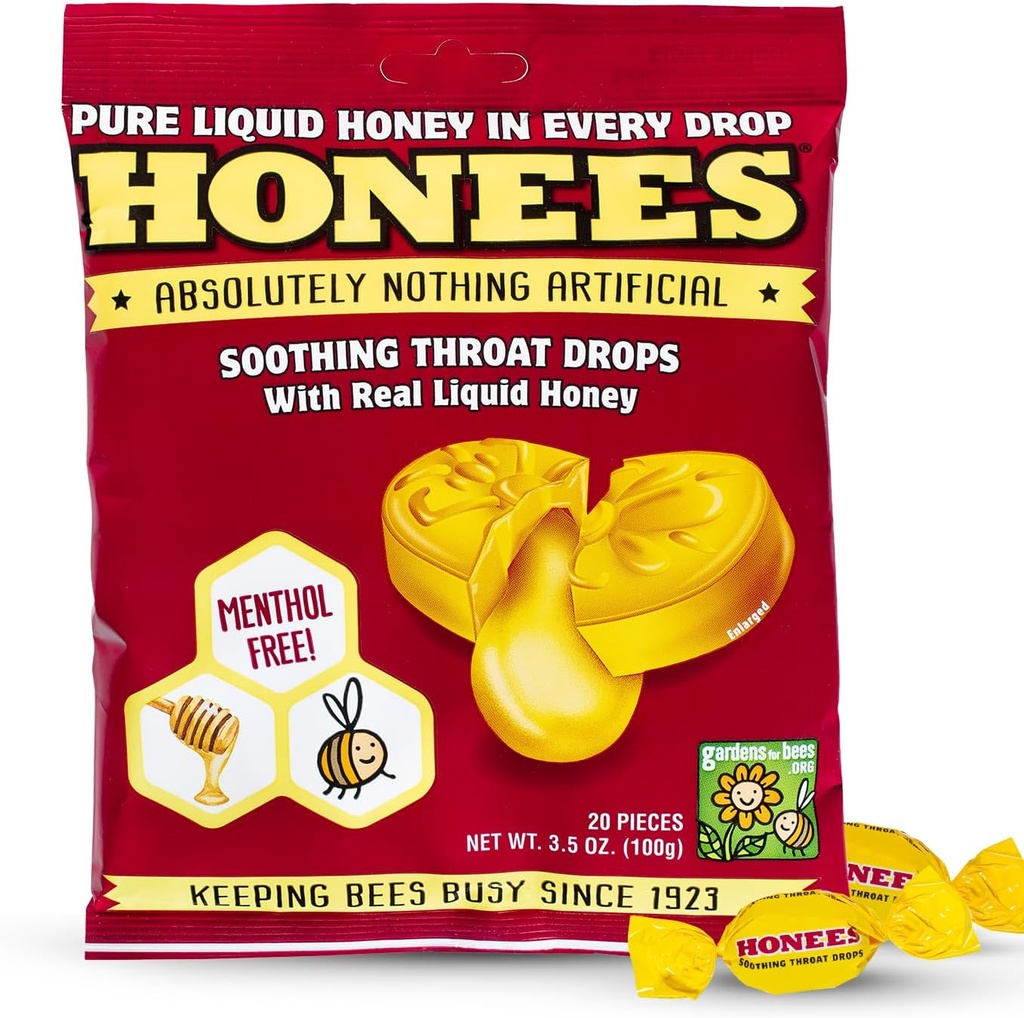 Honees Med Polne kapljice, Meden kašelj Kapljice s pravim Med-Naravna boleče grlo Relief-Nič Umetno-mrzlo Coat Lozenges, Naravni kašelj Supresant, Ne-GMO, Gluten brezplačno (1 Pack – 20 kapljic)