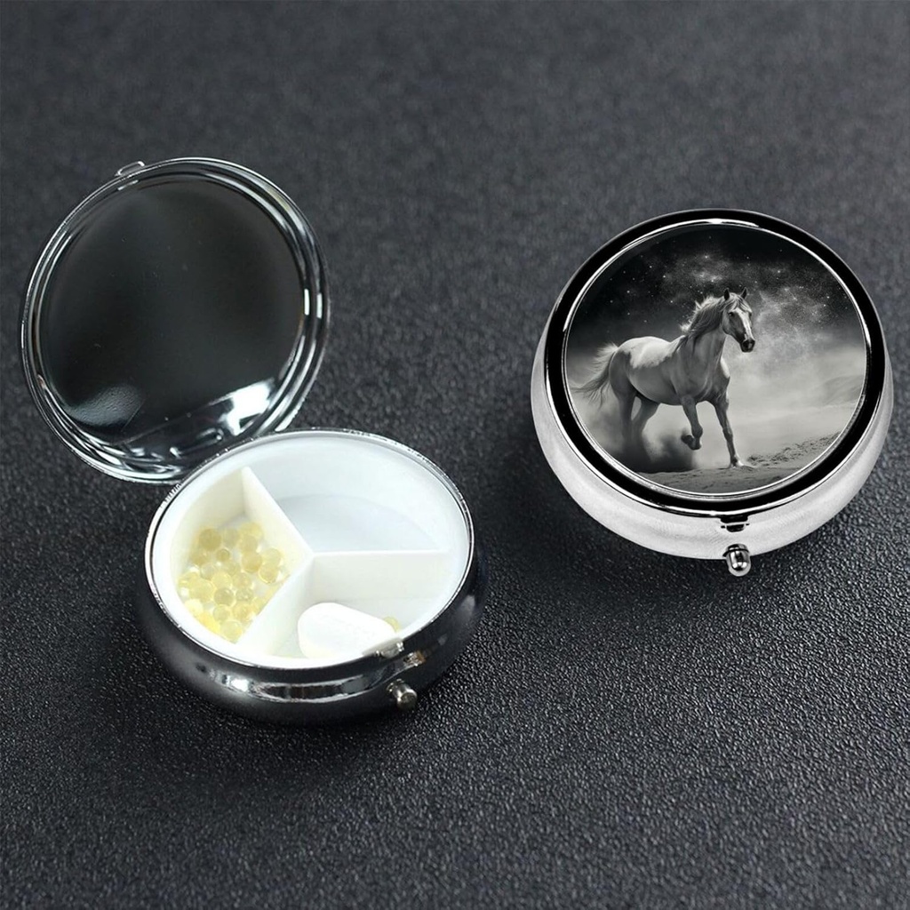 Okrogle tablete Box 3 Compartment tablete tablete tablete vsebuje tablete škatlice za potovalne majhne tablete primer beli konj in asteroid tablete Organizator za vitamine ribje olje polje dopolnilno polje