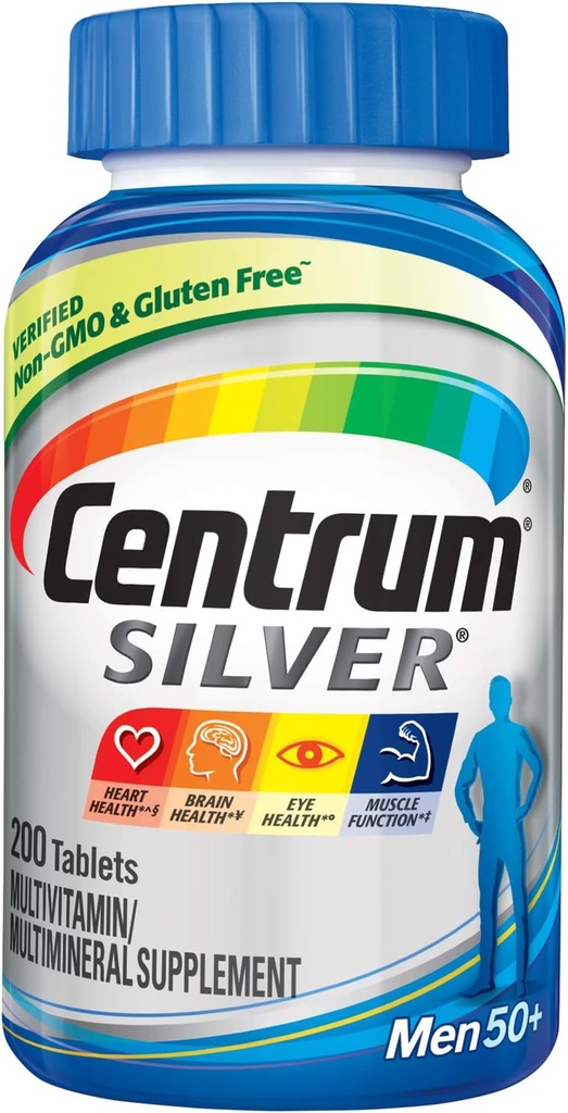 Centrum Silver Multivitamin za moške 50 Plus, multimineralni dodatek, vitamin D3, B-vitamini in cink, Gluten brez, ne-GMO sestavine, Podpira spomin in kognitivne pri starejših odraslih - 200 Ct