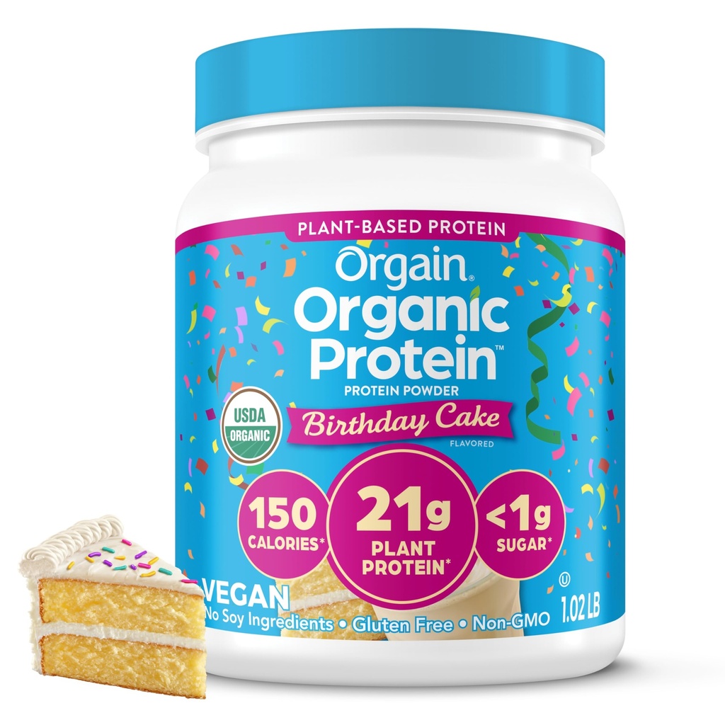 Orgain Organic Vegan Protein Powder, Rojstni dan Torta - 21g Rastlinske beljakovine, 7g Prebiotične vlaknine, Nizko neto Carb, Brez laktoze Sestavine, Brez dodanega sladkorja, Ne-GMO, za stresanje in napitki, 1,02 lb