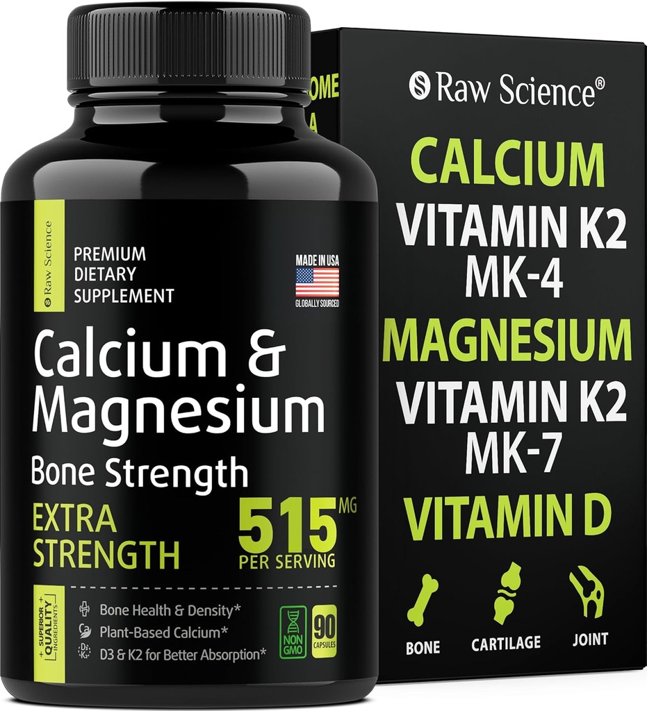 Kalcijev citrat z vitaminom D3 K2 & Magnezijev glicinat - dodatek za moč kosti - dodatki za kalcij na osnovi rastlin za ženske in moške - Magnezij in kalcijeve D3 K2 tablete za zdravje kosti - 90 kapsul