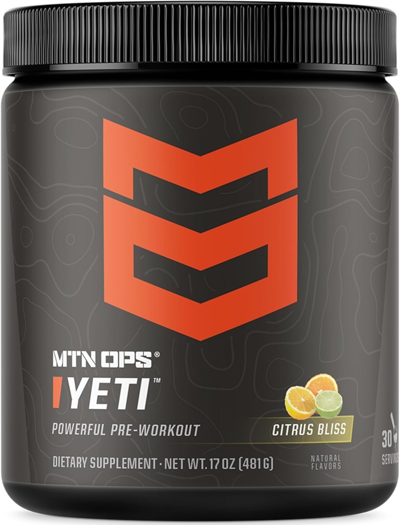 MTN OPS Yeti Predworkout Powder Energy Drink with Creatine, 200mg Kofein & BCAAs with Beta Alanine, 30-serving Tub, Citrus Bliss