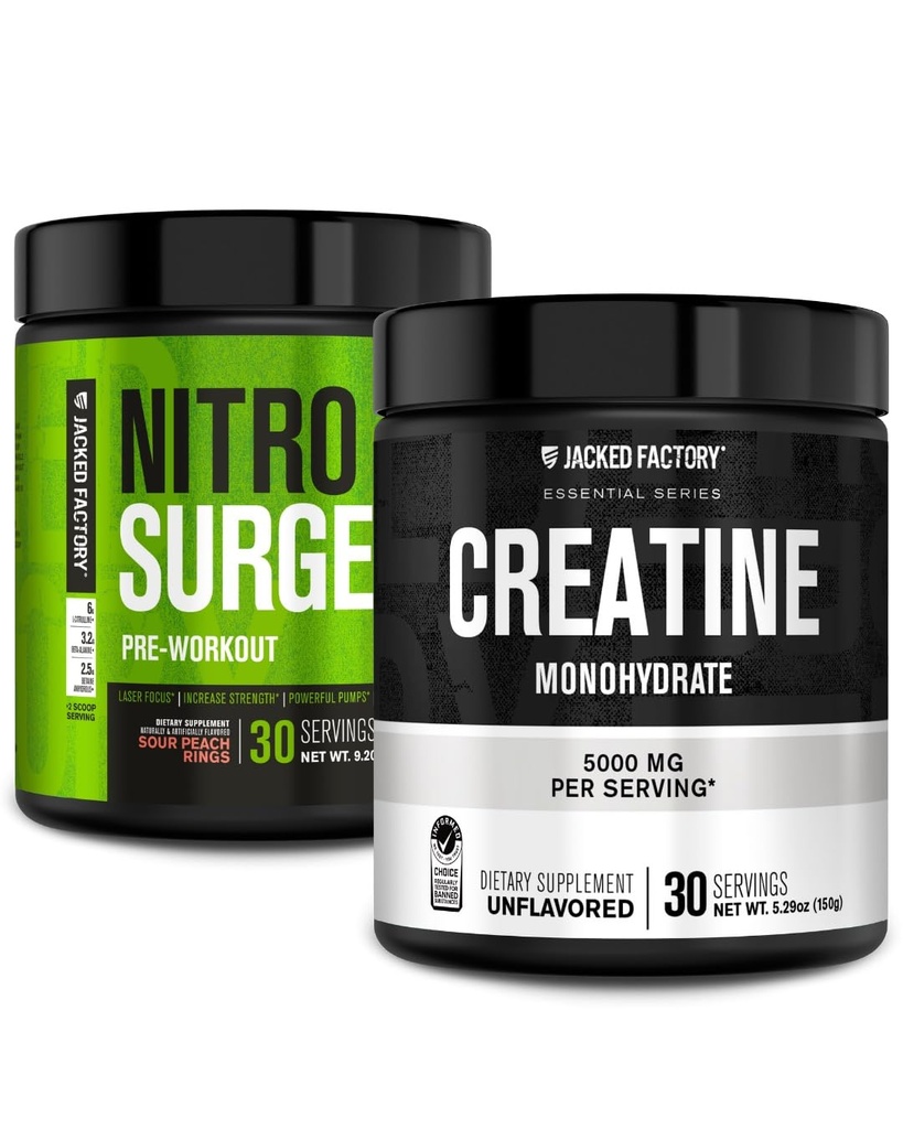 Jacked Factory NITROSURGE Pre Workout dodatek - Instant moč pridobi in intenzivne črpalke (30 strežnice, Sour Peach obroči) & Kreatin monohidrat za rast mišic (30 strežnice, nearomatizirana)