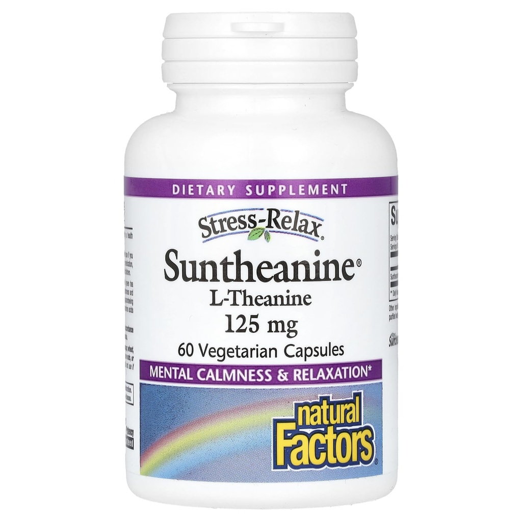 Naravni dejavniki Stress-Relax Suntheanin L-Theanine 125 mg, Ne-Drowsy Stress Podpora za duševno pomiritev in sprostitev, 60 kapsul