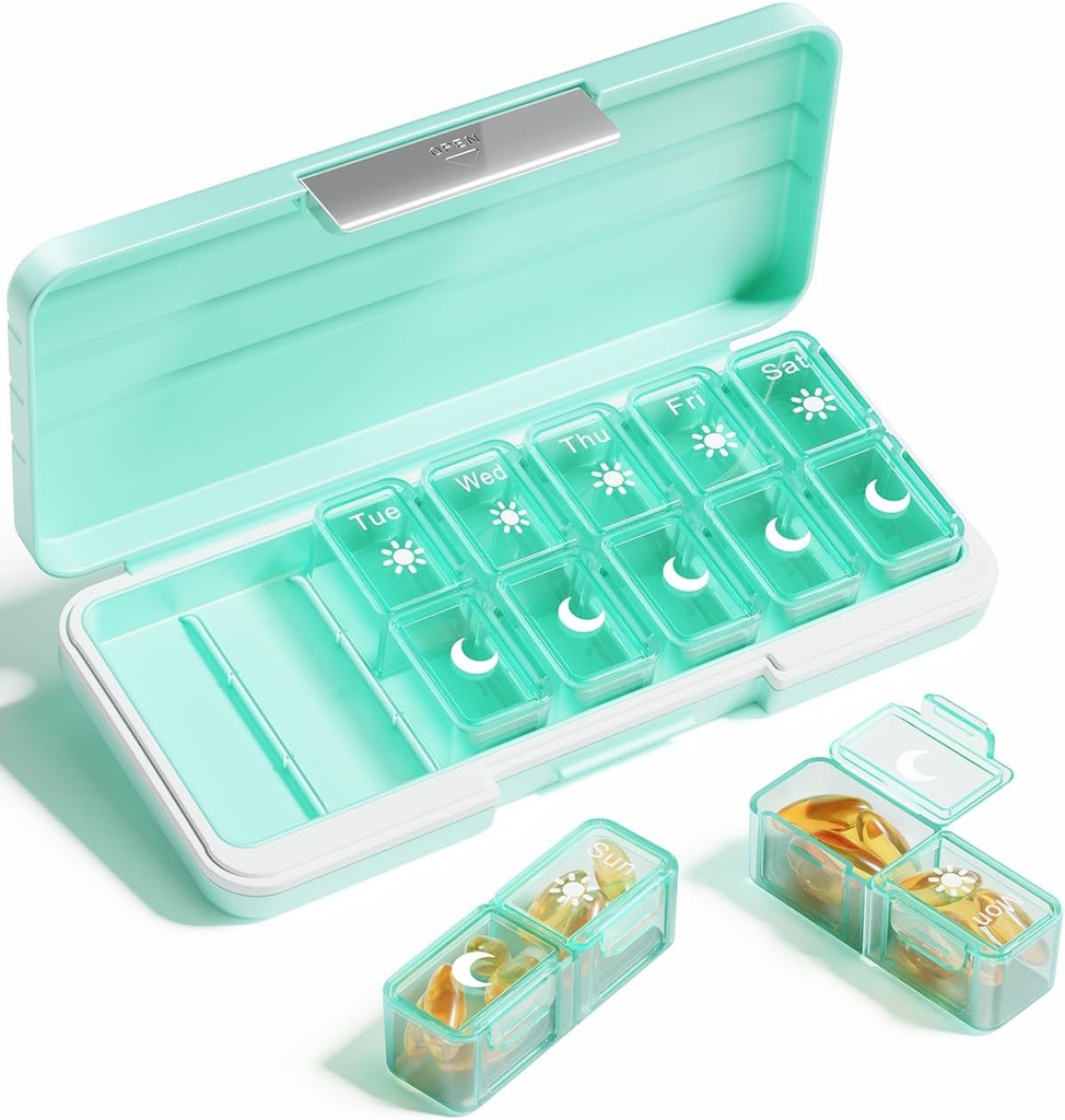 AM PM tablete Organizator 2 krat na dan, 7 dan tablete škatle teden tablete organizator potovanja z ločenim vsebnikom, Prenosno dnevno Medicine Načrtovalec Dispenser Primer za vitamine, ribja olja, dodatki (zelena)
