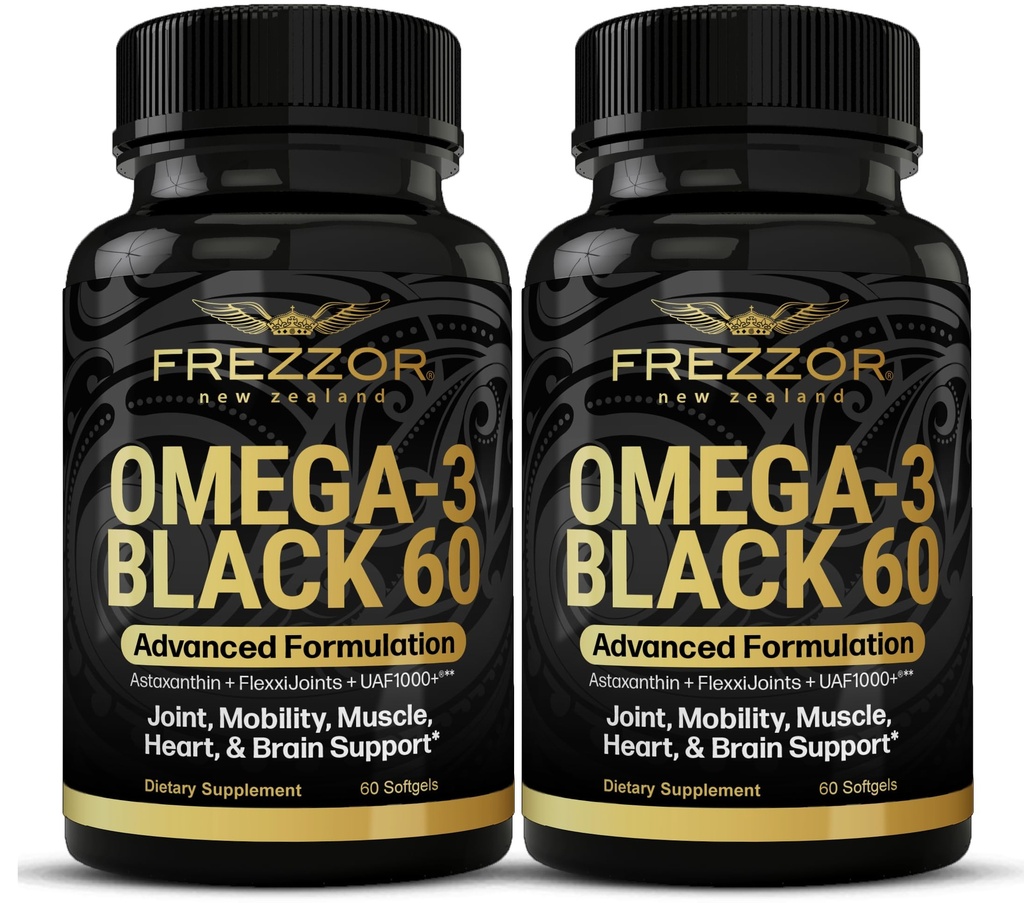 FREZZOR Omega 3 Črna za skupno nego & Comfort - Nova Zelandija Green Lipped Mussel Oil kapsule; 53x Višja moč z UAF1000+ Super antioksidant, Brez ribjega pookusa, 60 Število (Pack of 2)