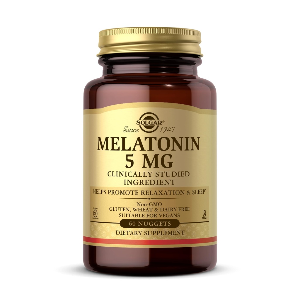 Solgar Melatonin 5 mg, 60 Nuggets - pomaga spodbujati sprostitev in počitek - klinično Študiran Melatonin - Vegan, Gluten Free, Dairy Free, Kosher - 60 Služabniki