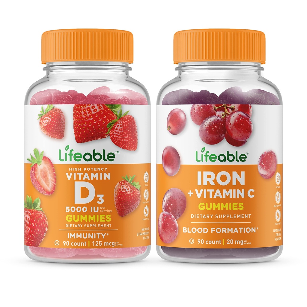 Življenjski vitamin D 5000 i.e. + likalnik z vitaminom C, Gummies Bundle - odličen okus, vitaminski dodatek, brez glutena, brez GSO, žvečljivi gumi