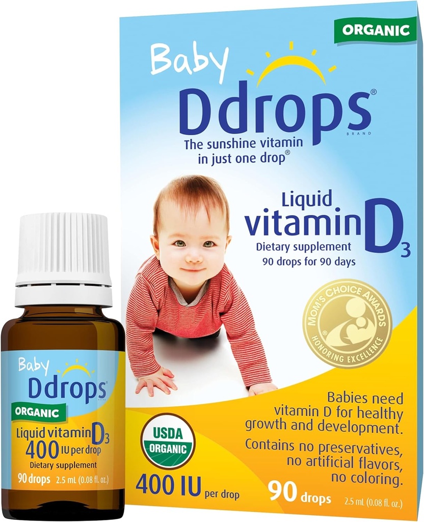 Ddrops Organic Baby 400 i.e. 90 kapljic - dnevni vitamin D tekočina za dojenčke. Podpira zdravje zob in kosti. Brez konzervansov, brez sladkorja, ne-GMO, alergija-prijateljski - paket po 2