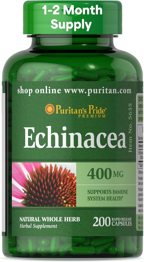 Puritan's Pride Premium Echinacea Natural Cel zeliščni dodatek 400mg, prehranski dodatek za zdravje, Podpora imunskega sistema, 200 kapsul za hitro sproščanje