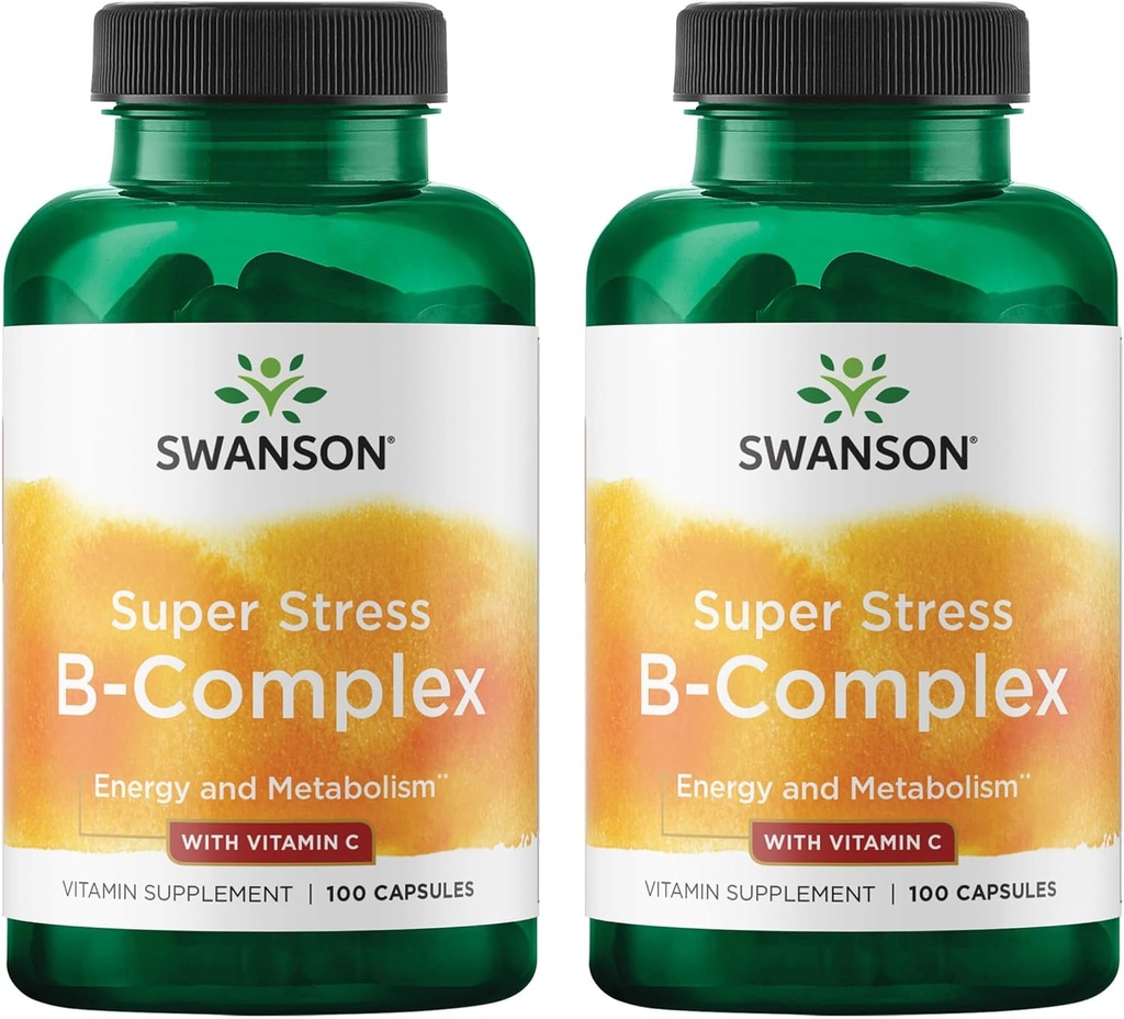 Swanson Vitamin B-Complex w/vitamin C - Naravni dodatek za spodbujanje pomoči pri stresu, energetske podpore in pomoči pri imunskem zdravju - lahko podpira presnovo in zdravje živcev - (100 kapsul) (2 pakiranji)