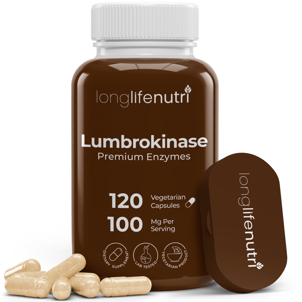 LongLifeNutri Lumbrokinaza 100mg – največja aktivnost 2.000.000 enot na postrežbo, 120 vegetarijanske kapsule, 2-mesečna oskrba, naravni encim dodatek za cirkulacijsko zdravje, Lab Tested, Made in USA