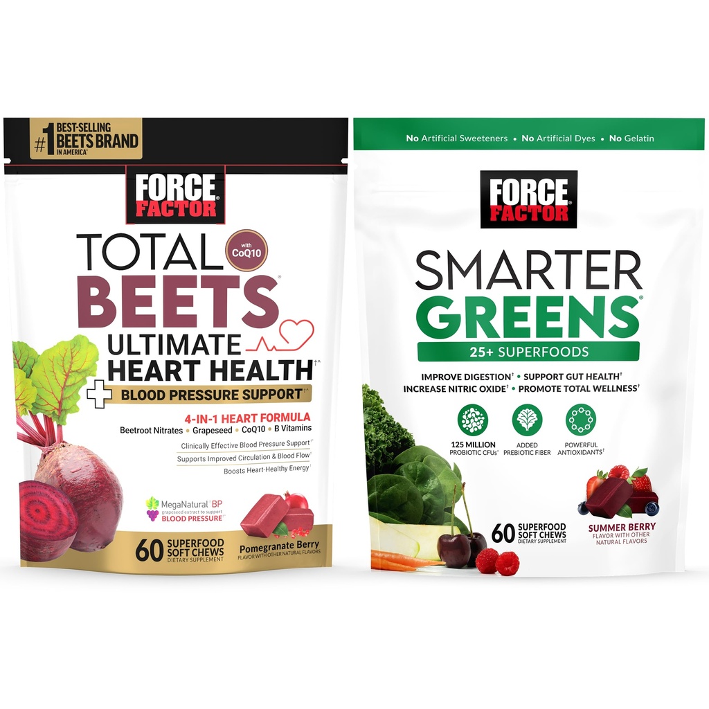 Zmečkana sila Factor Total Beets Ultimate Heart Heart Health Podpora krvnega tlaka Chews z CoQ10, 60 Soft Chews + Pametnejši zeleni Superfood Chews, za podporo digestion, 60 Soft Chews