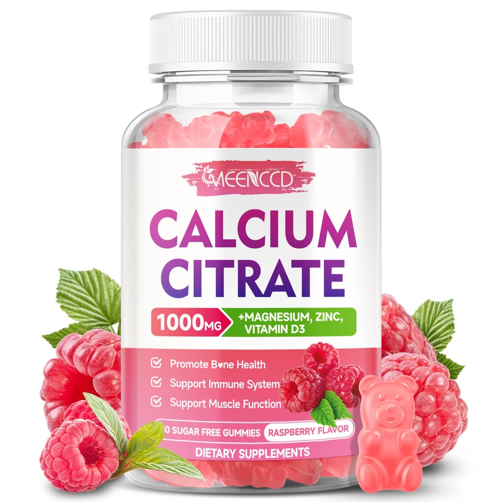 Kalcijev citrat Gumies 1000mg w/vitamin D3, visoka absorpcija Kalcijev dodatek za ženske in moške, Plus Magnezij, Kalij, cink za mišice in imuno, brez sladkorja, malina aroma, 60 Count