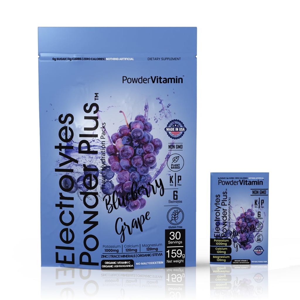 PrašekVitamin Elektroliti v prahu Plus, keto, borovničevo grozdje, nič sladkorja, 1000mg kalij, 120mg kalcij, 120mg magnezij, ne-GMO, nič kalorij, 30 hidracijski paketi