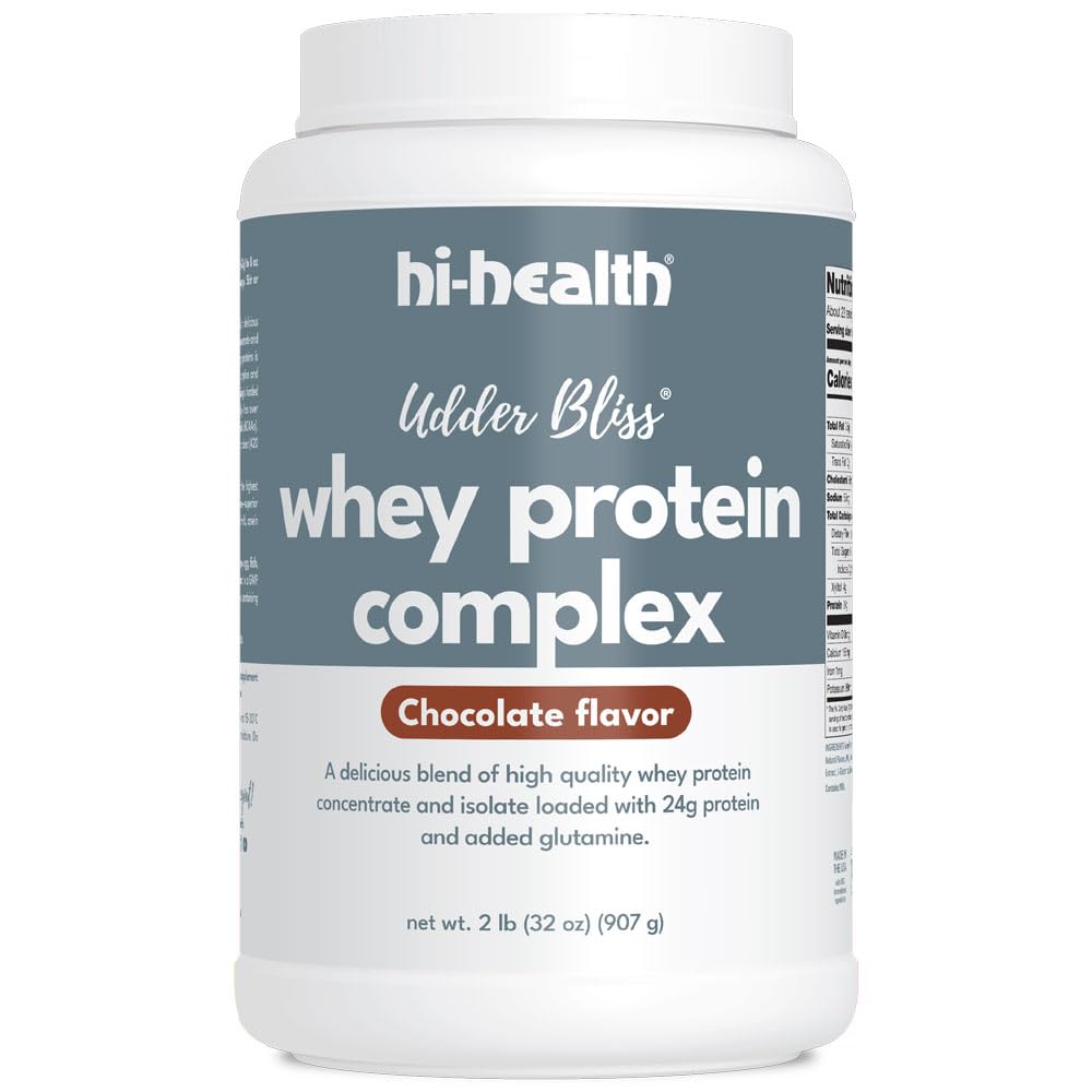 Hi-Health Udder Bliss Whey Protein Complex v prahu, mešanica koncentrata in izolata sirotkinih beljakovin z dodanim glutaminom, čokolada (2 funta)