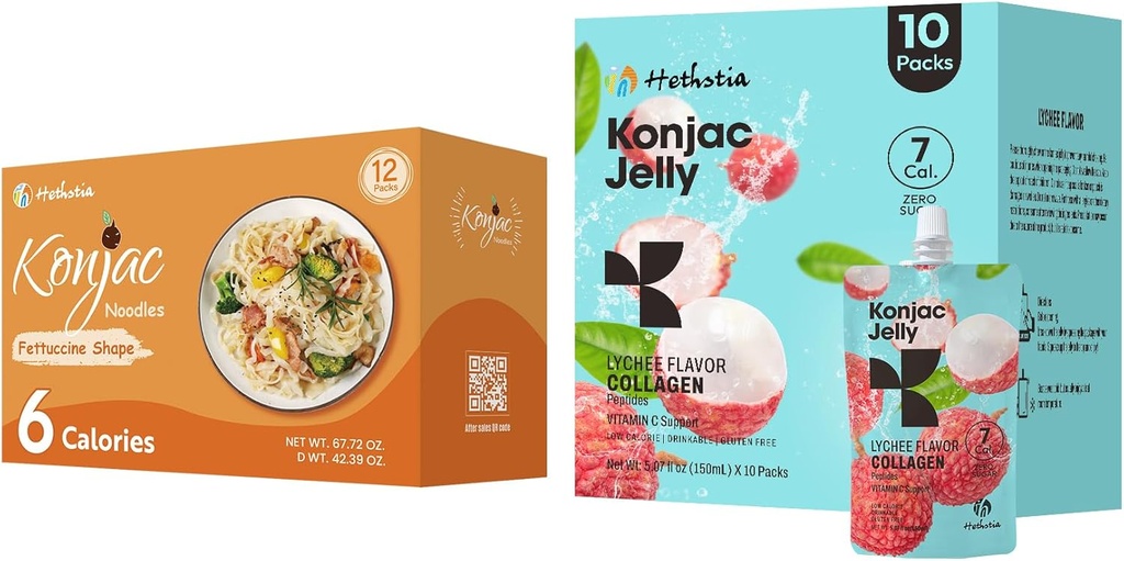 Hethstia Konjac Jelly Lychee Flavor s kolagen peptidi 10 pakiranj in Konjac Fettuccine Gluten brezplačno 12 paketov nizko kalorie, Keto, sladkor brez, zdravo hrano