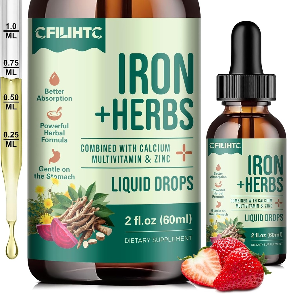 Tekoči železovi dodatki za ženske, moške, železne kapljice z ženskim zdravjem Herb mešanica, kalcij, cink in multivitaminski - podpora krvni graditelj, koža, energija, Imuni za pomanjkanje železa, anemija, Vegan 2 Fl Oz