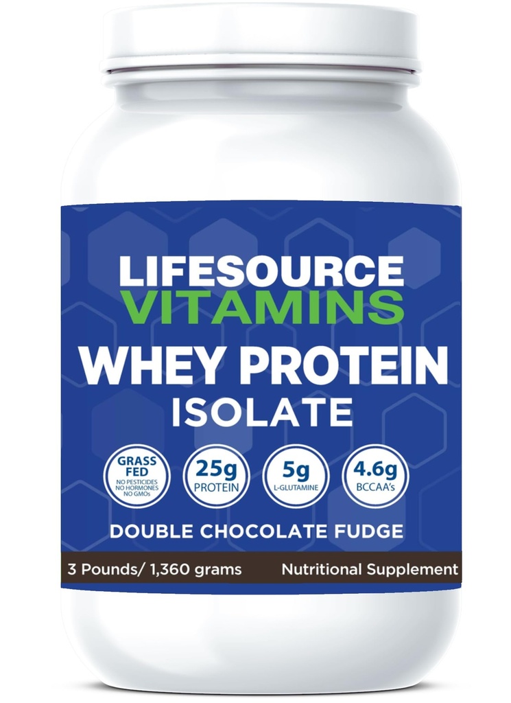 LifeSource Vitamini 3 lb - ZDA Mlečne krave Grass Fed Whey Protein izolat - Dvojni čokoladni preliv sladkan w/Stevia - 3 lb prašek