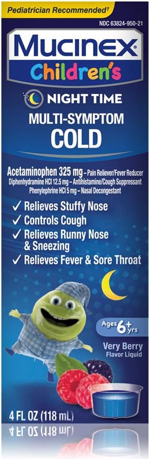 Hladno, kašelj in zvišana telesna temperatura, Mucinex večsimptom za otroke, nočno hladno tekočino, mešano jagode, 4oz, zmanjša vročino, nadzor kašelj, sprosti zamašen nos
