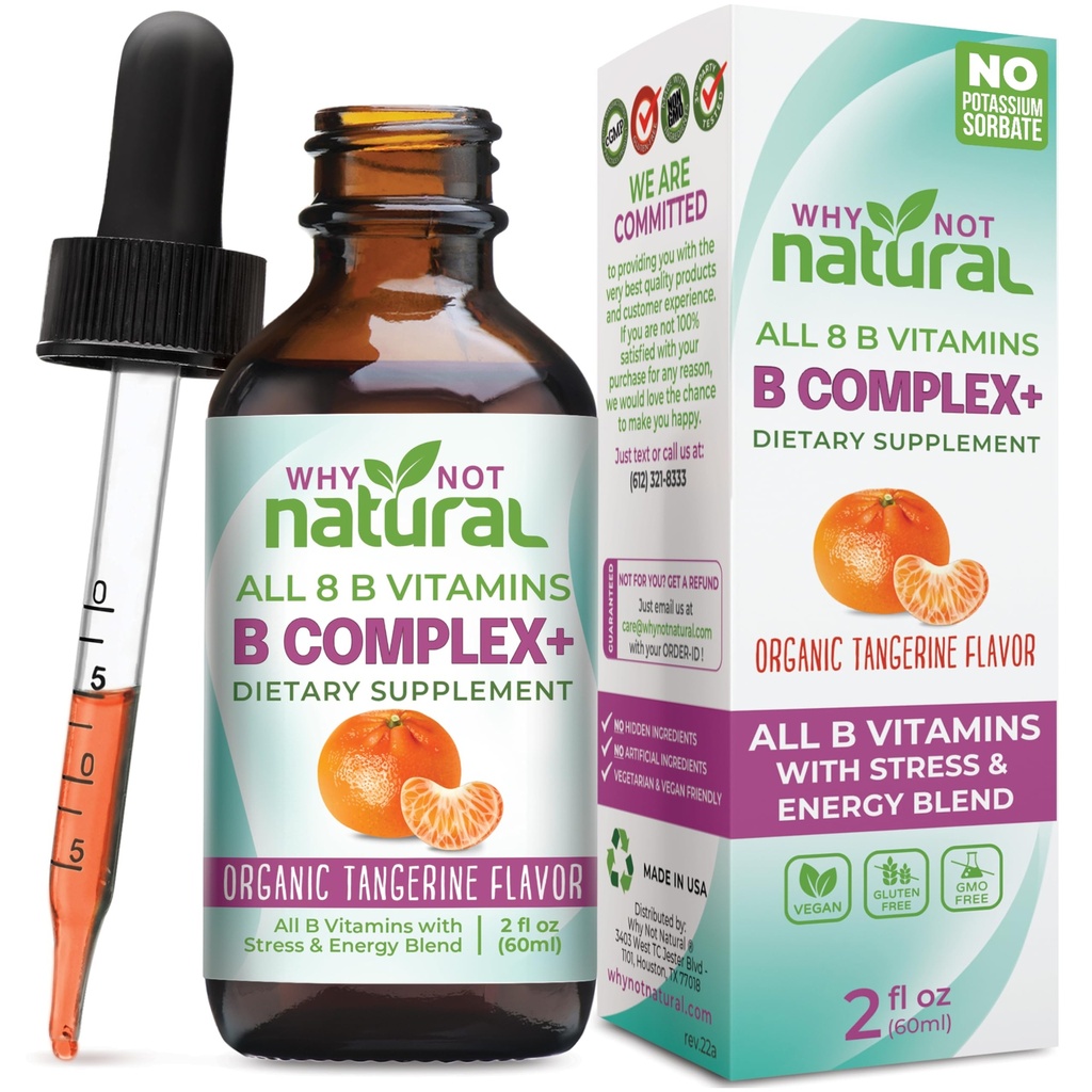 Zakaj ne naravni vitamin B kompleksne tekoče kapljice - dodatek za ženske - Veganske in podjezične oblike B1 B2 B3 B5 B6 Biotin Folat in Choline - Plus mešanica za energetsko podporo