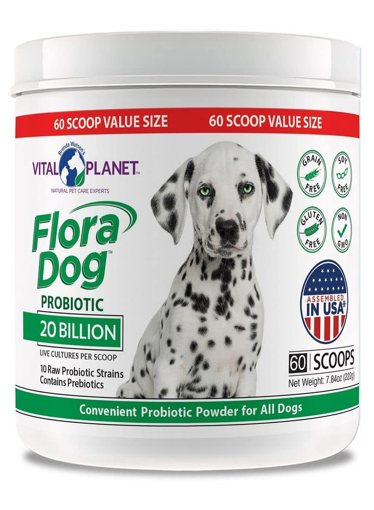 Vital Planet - Flora Dog Probiotic Powder Supplement z 20 Milijardnih kultur in 10 sevi, Visoka moč Imunska in digestivna podpora Probiotiki za pse, 7.84 oz., 222 Grams, 60 Servings
