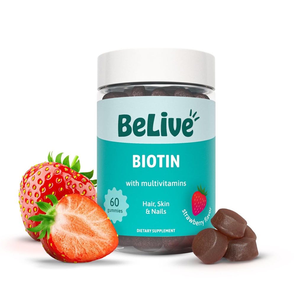 BeLive Biotin Gumies z multivitamini, Folat, Inositol – Podpira rast las, zdrave kože in nohti – Vegan, pektin na osnovi jagode okus (1)