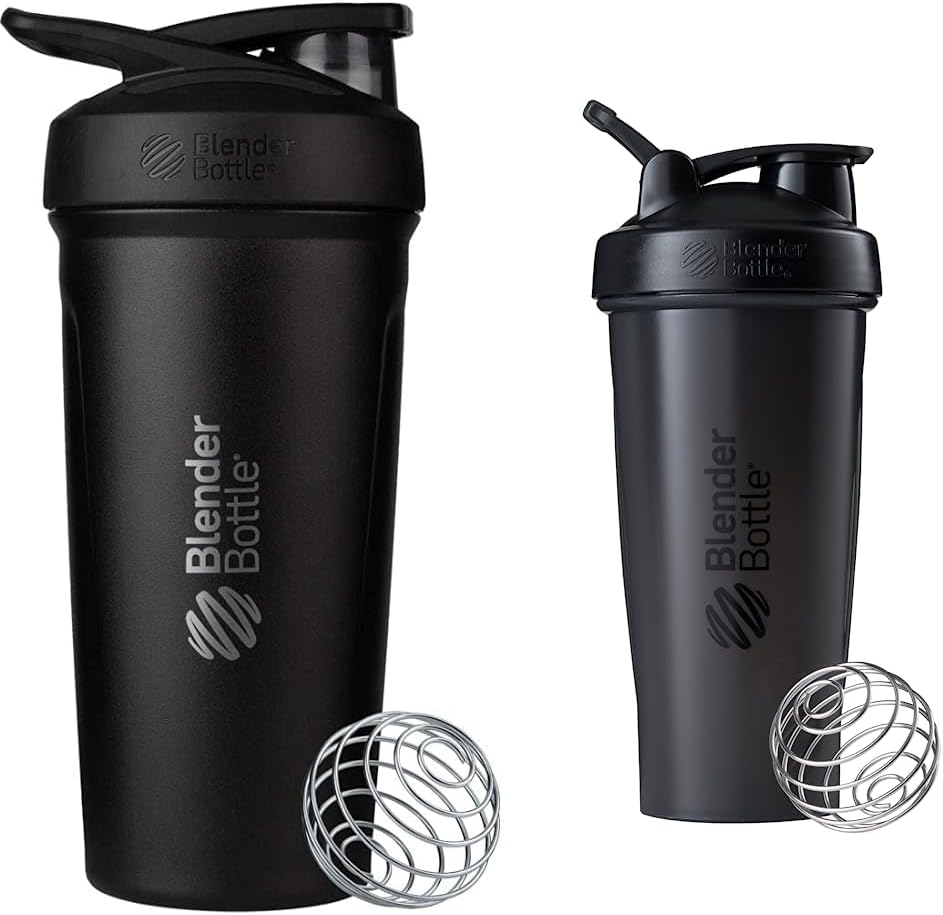 BlenderBottle Strada Shaker Cup Izolirana Steklenička iz nerjavečega jekla za vodo z žico Whisk, 24-Ounce, Črna & Classic Shaker steklenica kot nalašč za beljakovinske Shake in pred vadbo, 28-Ounce, črna