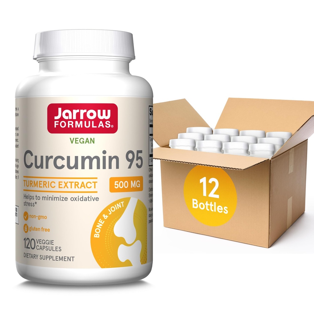 Jarrow Formule Curcumin 95 500 mg,Izvleček kurkumina za antioksidant podporo, kosti in skupno podporo prehransko dopolnilo,120 Veggie kapsule,Do 120 Serving, pakiranje po 12