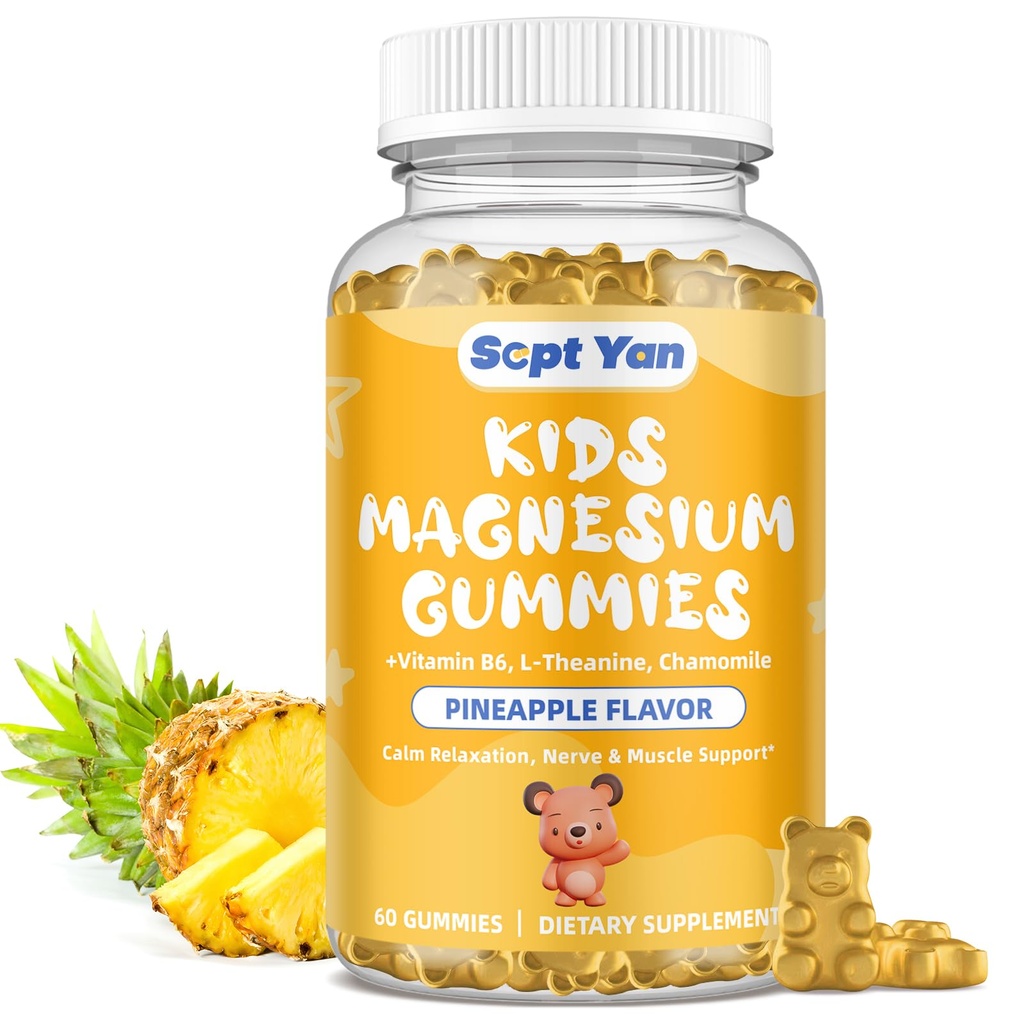 Magnezijeve žvečilke za otroke - Magnezijev citrat dodatek z vitaminom B6, L-teanin, kamilice in limonin balzam - Calm Magnezij za otroke in odrasle spanje, sprostitev, Ananasov okus 60 Gumies