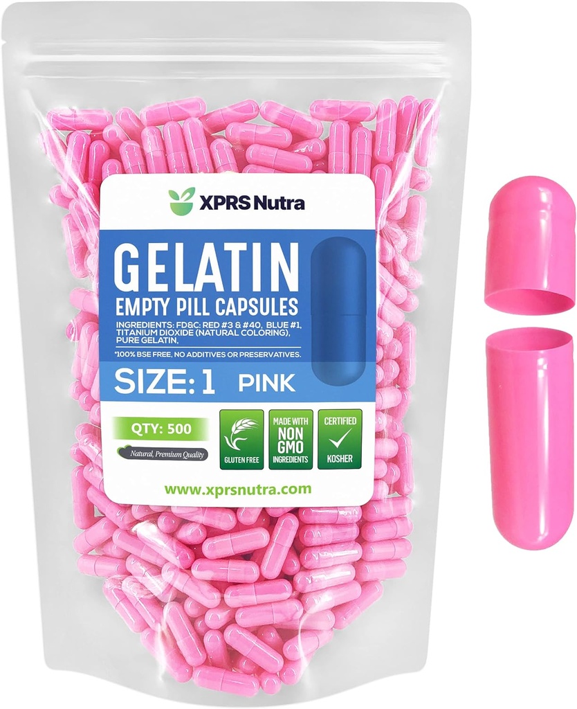 XPRS Nutra velikost 1 prazne kapsule - 500 Štetje praznih kapsul želatine - tablete DIY Kapsule Polnjenje - Čiste goveje tablete Gel caps za Do-It-Yourself Supplements (Pink)