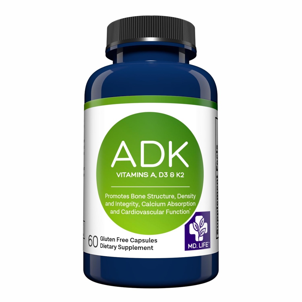 MD.LIFE ADK dodatek vitamina – Vitamin D3 K2 in A kompleks – 60 Kapsule – Visoko močan vitamin ADK za zdravje kosti in srca