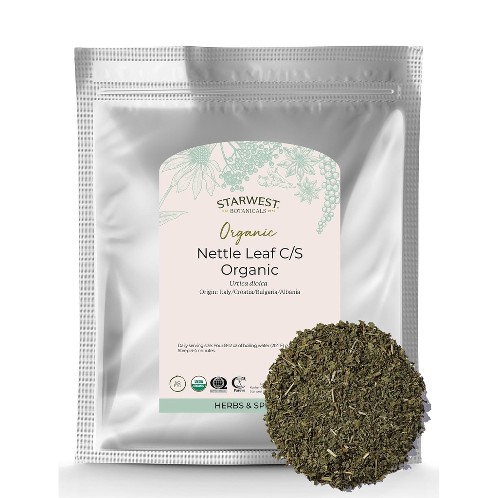Starwest Botanicals Organic Nettle Leaf - Suhi Sting Nettle, Natural Loose Leaf Zeliščni čaj, Caffeine Free, Cut & Sifted, Certified Kosher, Non-GMO - Bulk 1 lb Bag