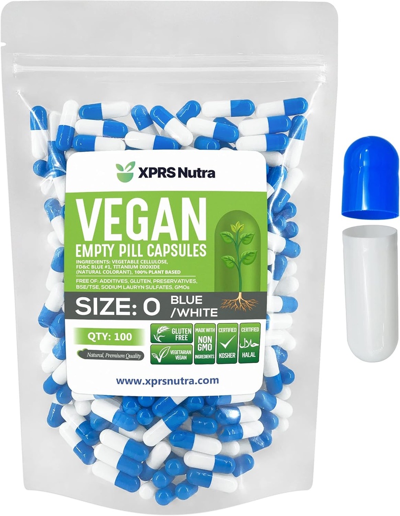 XPRS Nutra Size 0 Prazne kapsule - 100 Število Prazne Veganske kapsule - Vegetarijanske tablete - DIY Zelenjavna kapsula Polnjenje - Veggie Pills Caps for Do-it-Yourself Supplements (modra/bela)