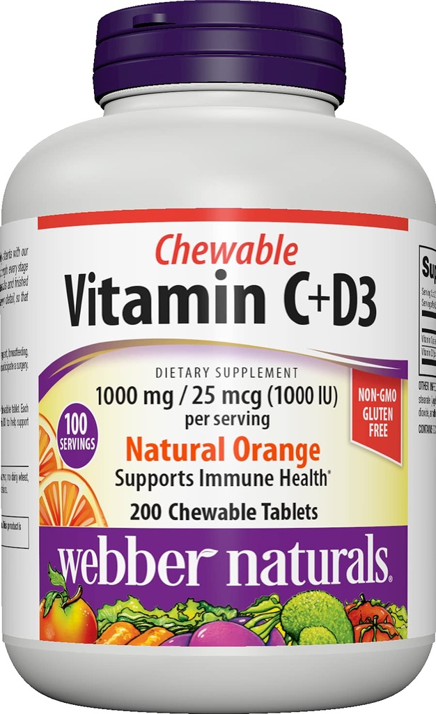 Webber Naturals Vitamin C+D3, 200 Žvečljive oranžne tablete, 1000 mg vitamina C s 1000 i.e. vitamina D3 na serviranje, kosti, zobje, imunske in antioksidantne podpore, ne gensko spremenjeni organizmi, mlečni izdelki in gluten brez